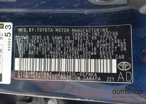 2006 Toyota Corolla Le из США, поврежденный, VIN 2T1BR32EX6C645052